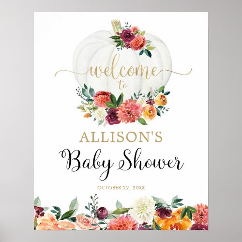 Fall pumpkins burgundy floral baby shower welcome poster
