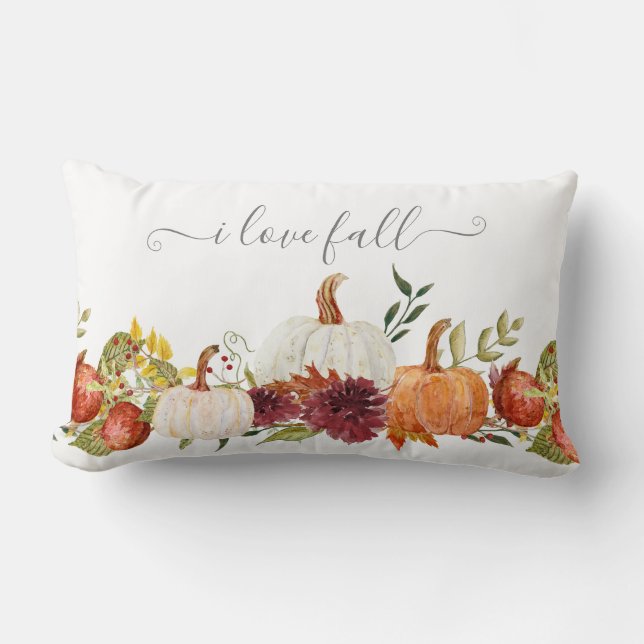 Fall Pumpkins Burgundy Floral Country Chic Script Lumbar Pillow (Front)