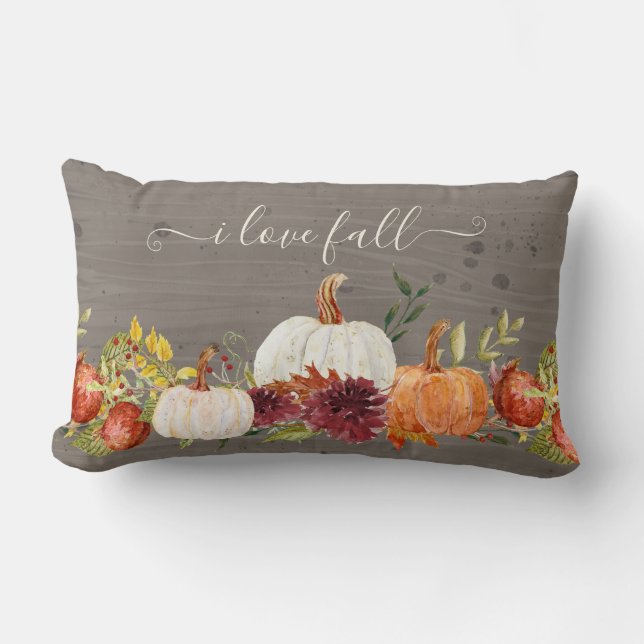 Fall Pumpkins Burgundy Floral Country Grey Wood Lumbar Pillow (Front)