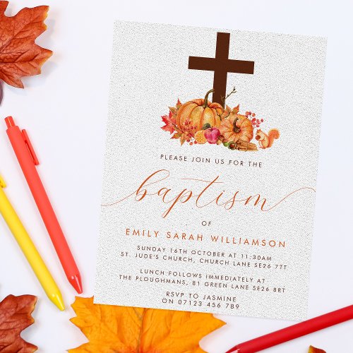 Fall Pumpkins  Cross Baby Baptism Invitation
