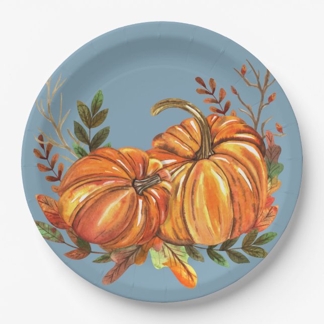Fall Pumpkins Dusty Blue Paper Plates (Front)