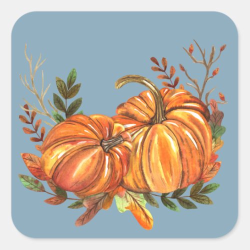 Fall Pumpkins Dusty Blue Square Sticker