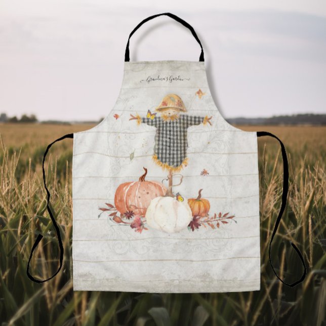 Fall Pumpkins Grandma Garden Scarecrow Rustic Wood Apron (Creator Uploaded)