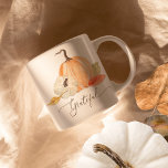 Fall Pumpkins Grateful Watercolor Autumn Leaves Coffee Mug<br><div class="desc">"Fall Pumpkins Grateful Watercolor Autumn Leaves with Script Coffee Mug."  Modern,  pretty watercolor artwork features an orange and white pumpkin,  fallen leaf foliage greenery with the simple message in typography text of,  "Grateful."   All art painted by internationally licensed artist and designer,  Audrey Jeanne Roberts,  copyright.</div>