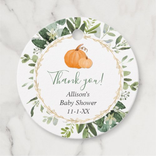 Fall pumpkins greenery gold baby shower favor tags