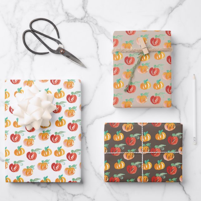 Fall Pumpkins Hand Painted Orange Green Wrapping Paper Sheets (Front)