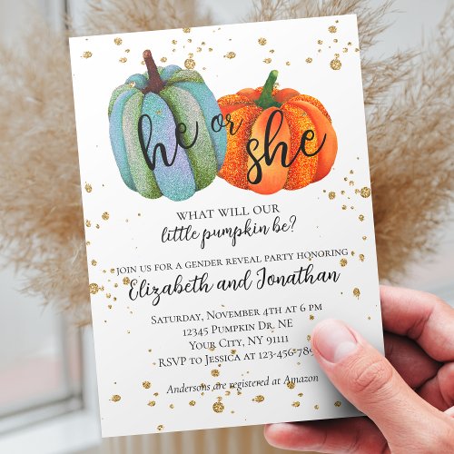 Fall Pumpkins He or She Gender Reveal Baby Shower Invitation