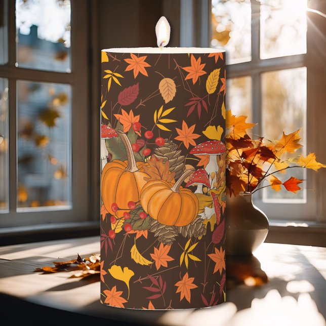Fall Pumpkins in Autumn Orange Brown & Red Pillar Candle (Creator Uploaded)