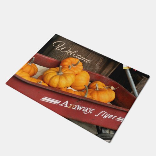 Fall Pumpkins In Old Red Wagon Welcome Doormat