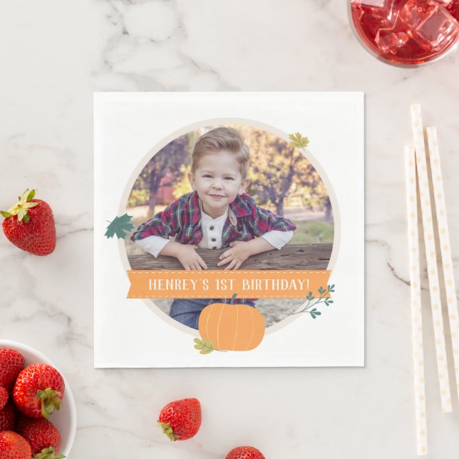Fall Pumpkins & Leaves Photo Birthday Party Napkins (Insitu)