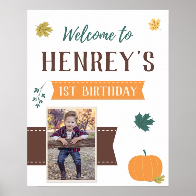 Fall Pumpkins & Leaves Photo Birthday Welcome Sign (Front)