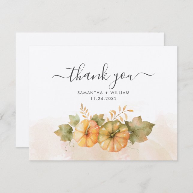 Fall Pumpkins Leaves Wedding Thank You Note Card (Front/Back)