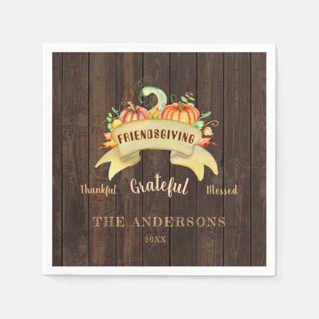 Fall Pumpkins Leaves Wood Happy Thanksgiving Napkins (Front)