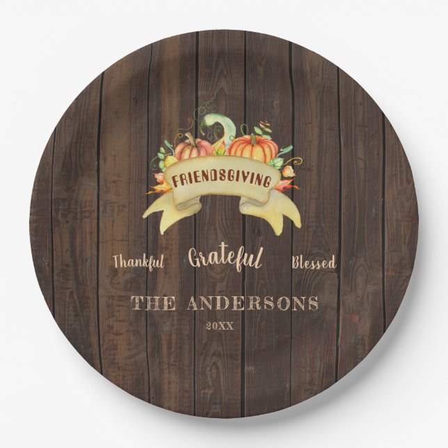 Fall Pumpkins Leaves Wood Happy Thanksgiving Paper Plates (Front)