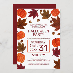 Fall Pumpkins Maple Leaves Watercolor Halloween Invitation