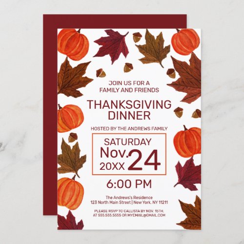 Fall Pumpkins Maple Leaves Watercolor Thanksgiving Invitation