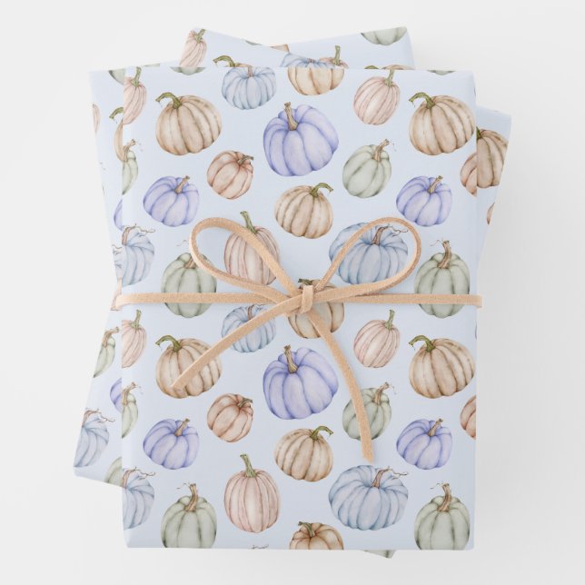 Fall Pumpkins on Blue Wrapping Paper Sheets (In situ)