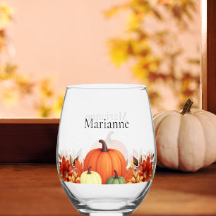 Fall pumpkins orange florals custom name stemless wine glass