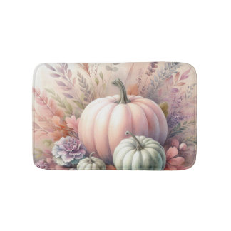 Fall pumpkins pastel colors watercolor painting bath mat