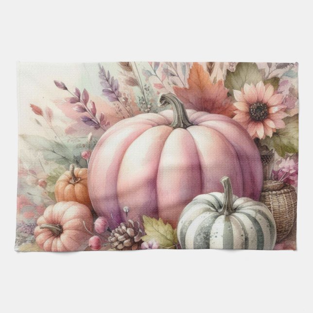 Fall pumpkins pastel colors watercolor painting  kitchen towel (Horizontal)