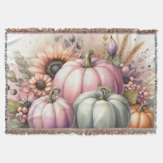 Fall pumpkins pastel colors watercolor painting  throw blanket (Front)