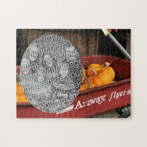Fall Pumpkins Red Wagon Add Your Photo Jigsaw Puzzle