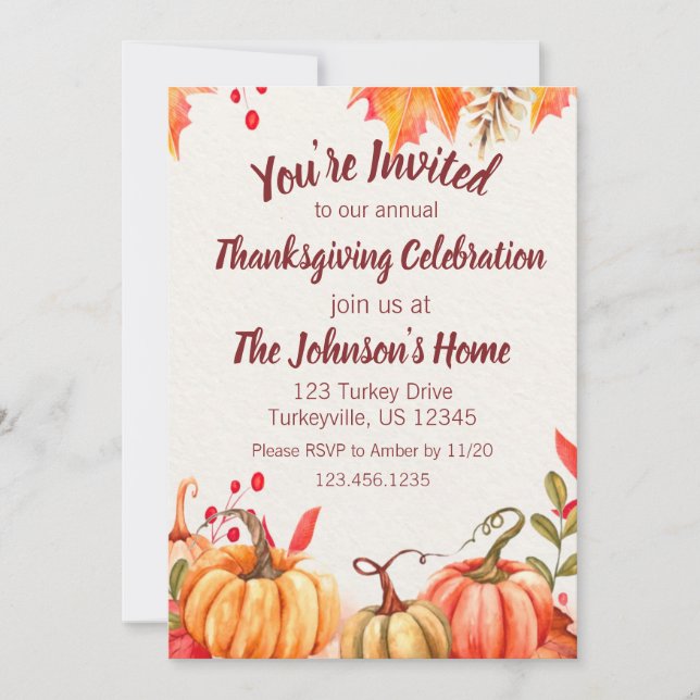 Fall Pumpkins Rustic Watercolor Thanksgiving  Invitation (Front)
