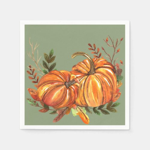 Fall Pumpkins Sage Green Napkins