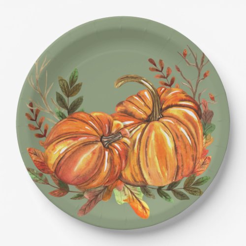 Fall Pumpkins Sage Green Paper Plates