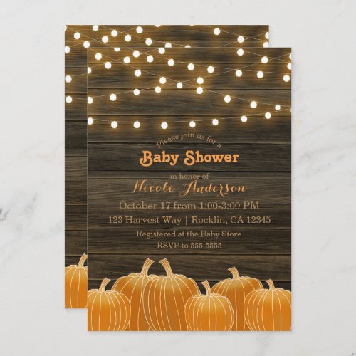 Fall Pumpkins  String Lights Rustic Baby Shower Invitation