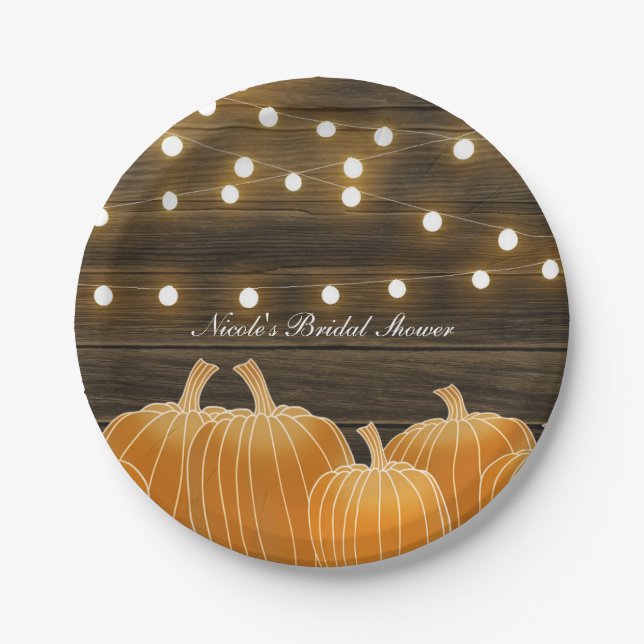 Fall Pumpkins & String Lights Rustic Bridal Shower Paper Plates (Front)