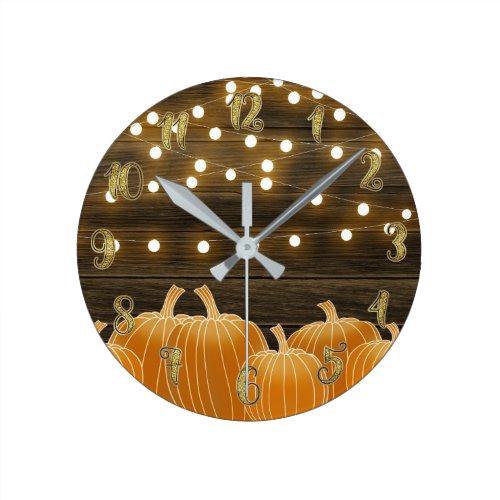 Fall Pumpkins &amp; String Lights Rustic Personalized Round Clock
