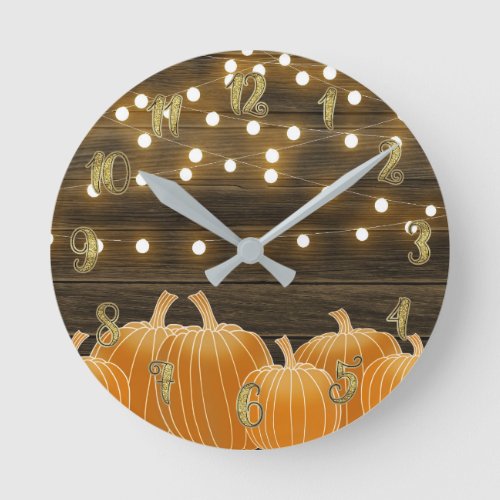 Fall Pumpkins  String Lights Rustic Personalized Round Clock