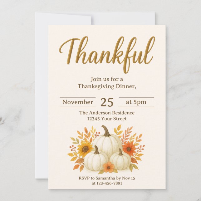 Fall Pumpkins & Sunflowers | Elegant Thanksgiving Invitation (Front)