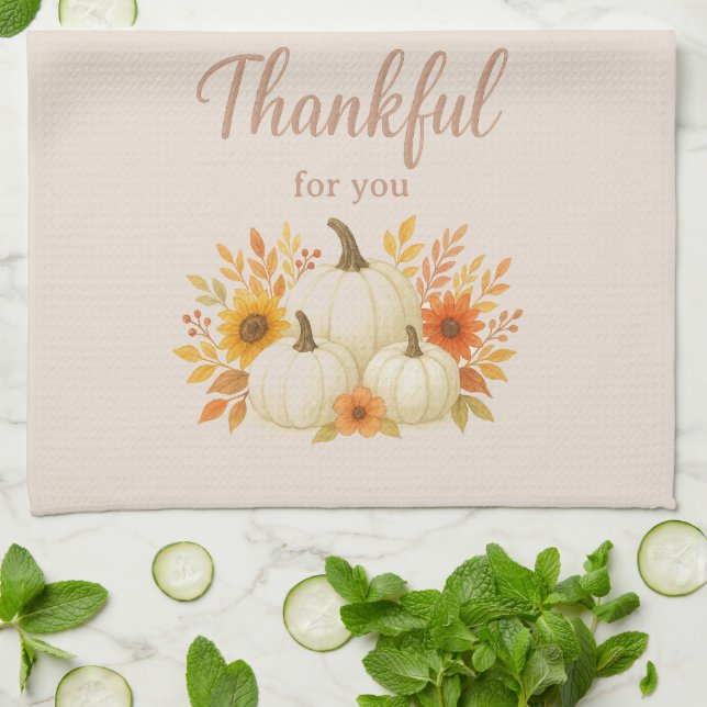 Fall Pumpkins & Sunflowers | Elegant Thanksgiving Kitchen Towel (Folded)