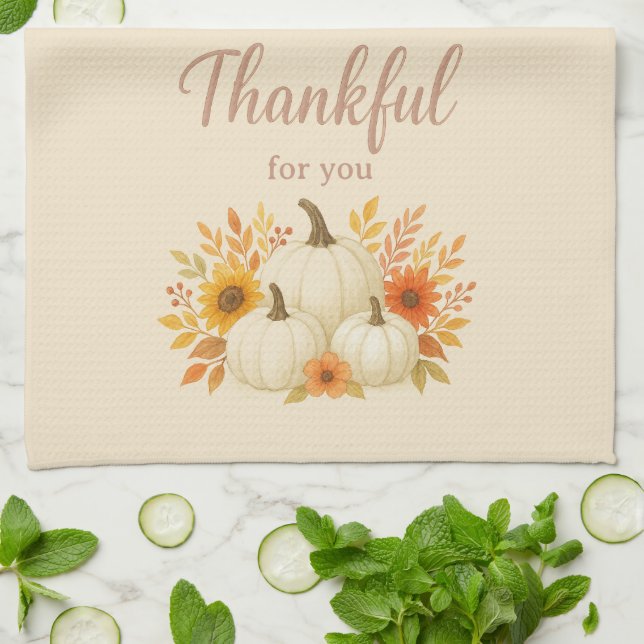 Fall Pumpkins & Sunflowers | Elegant Thanksgiving Kitchen Towel (Folded)