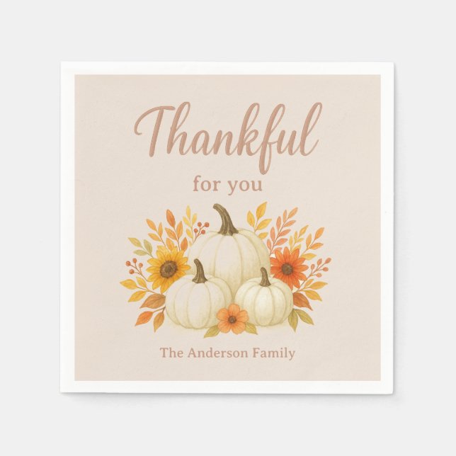 Fall Pumpkins & Sunflowers | Elegant Thanksgiving Napkins (Front)