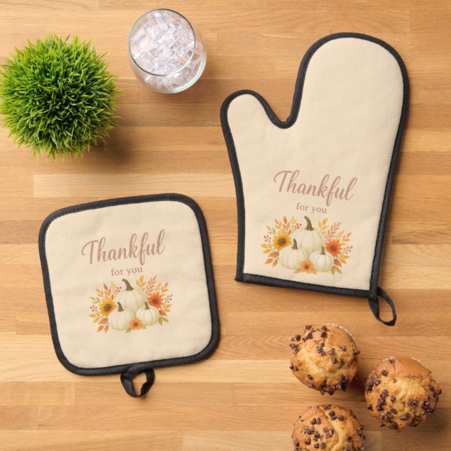 Fall Pumpkins & Sunflowers | Elegant Thanksgiving Oven Mitt & Pot Holder Set (Top Down)