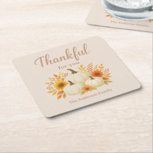 Fall Pumpkins & Sunflowers Elegant Thanksgiving Square Paper Coaster