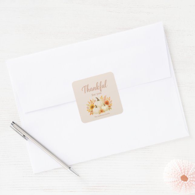 Fall Pumpkins & Sunflowers | Elegant Thanksgiving Square Sticker (Envelope)