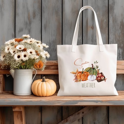 Fall Pumpkins Watercolor Autumn Leaves and Floral Tote Bag