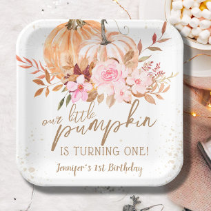 Fall Pumpkins Watercolor Boho Girl 1st Birthday Paper Plates