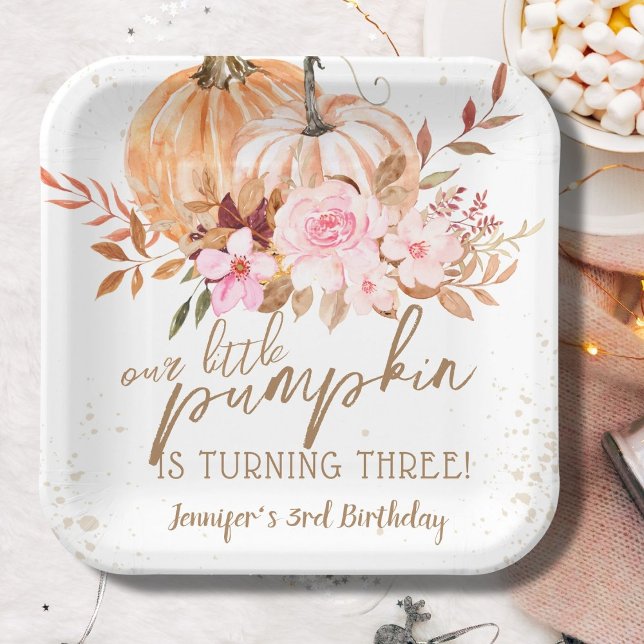 Fall Pumpkins Watercolor Boho Girl 3rd Birthday Paper Plates (Creator Uploaded)