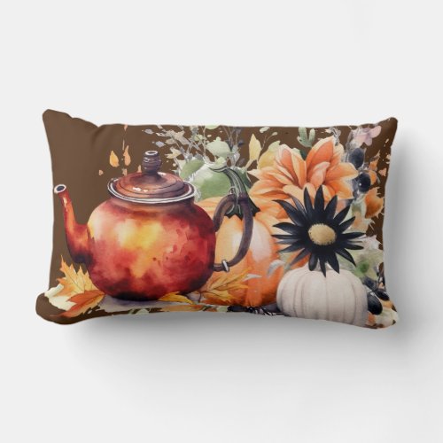 Fall Pumpkins With Flower and Tea Pot Pillow  Lumbar Pillow