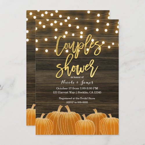 Fall Pumpkins Wood Lights Gold Couples Shower  Invitation