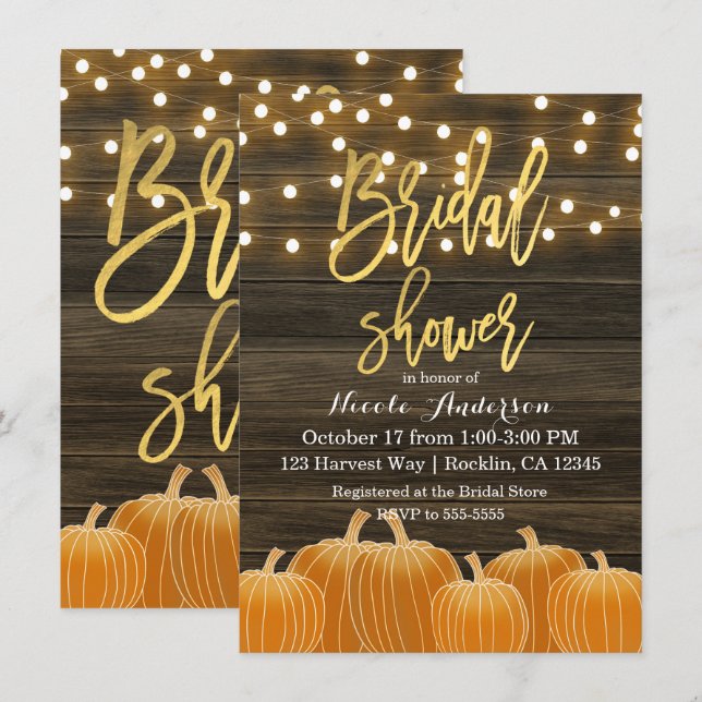Fall Pumpkins Wood Lights Gold Foil Bridal Shower Invitation (Front/Back)