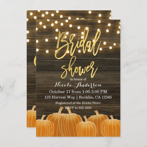 Fall Pumpkins Wood Lights Gold Foil Bridal Shower Invitation