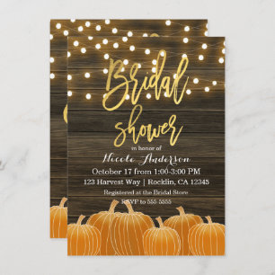 Fall Pumpkins Wood Lights Gold Foil Bridal Shower Invitation