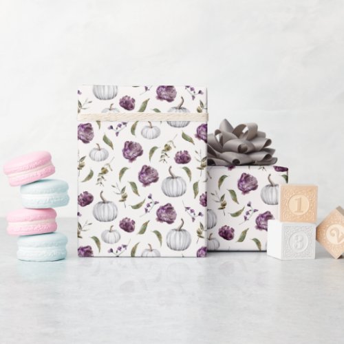 Fall Purple Floral Pumpkin Pattern Wrapping Paper