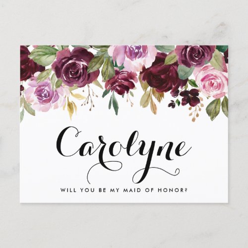 Fall Purple Flowers Will You Be My Maid of Honor Postcard